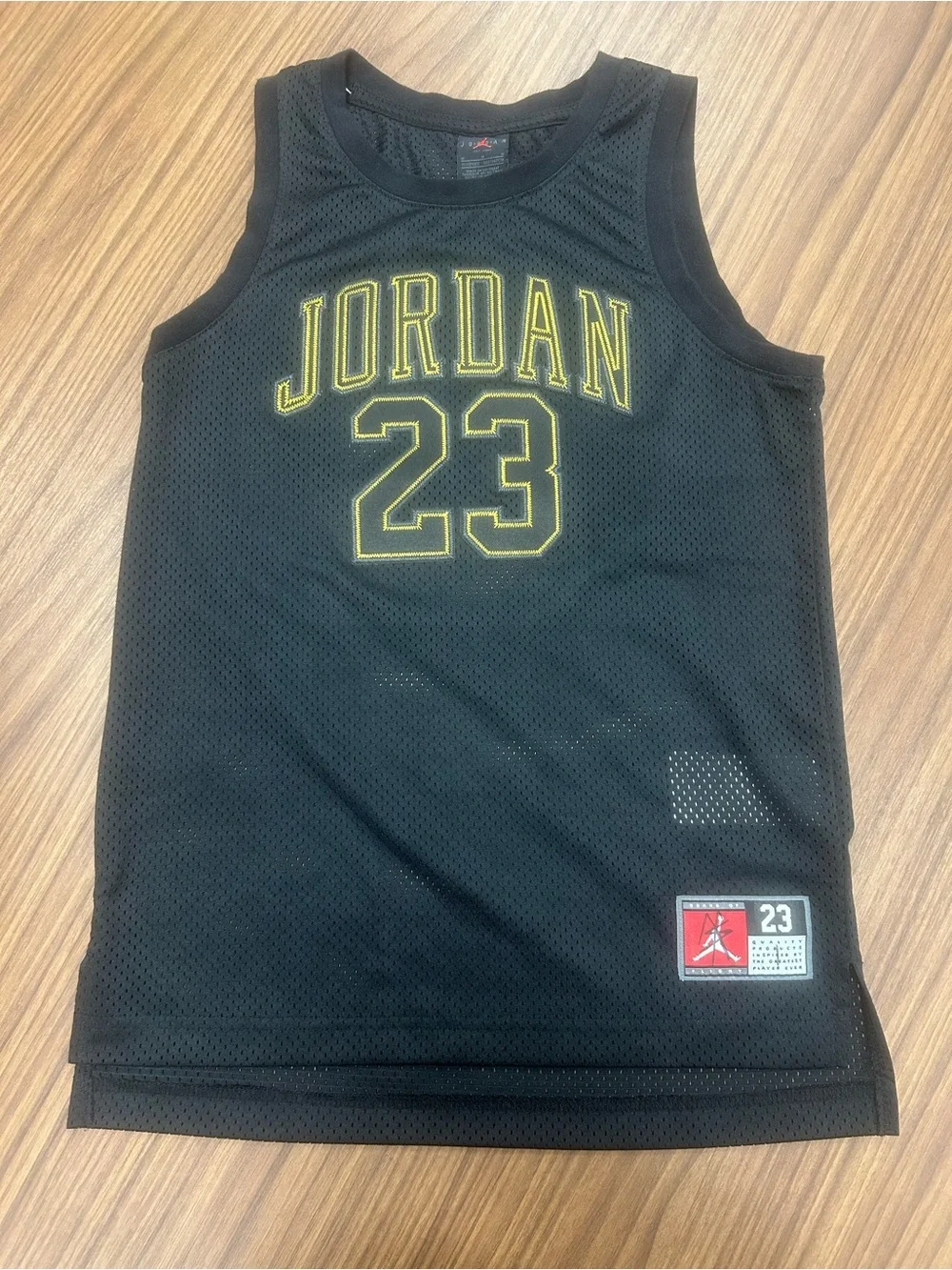Jordan Black and Gold 23 Mesh Basketball Jersey
